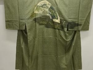 アンティーク　破れ地紙に屋敷風景模様男物長襦袢